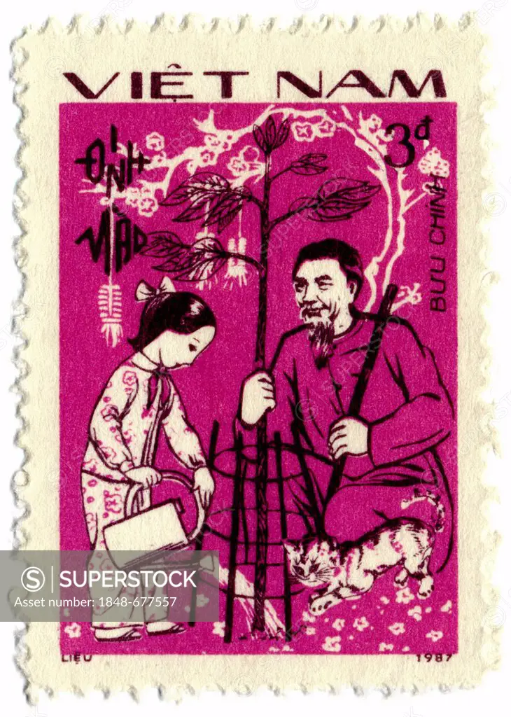 Tree planting campaign in 1987, historical stamp from Vietnam, Southeast Asia