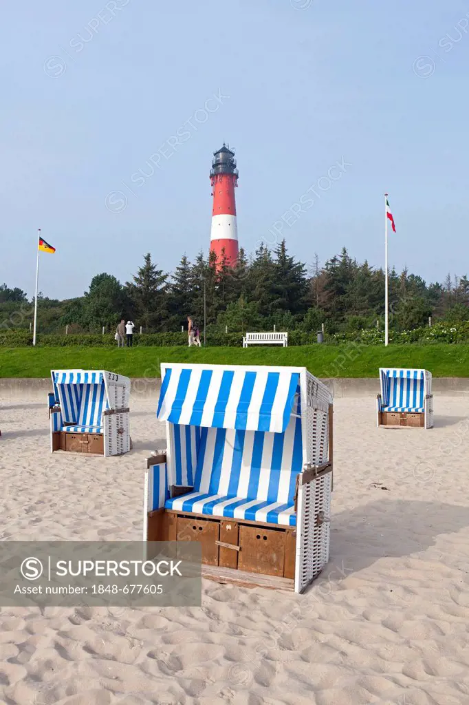 Lighthouse, beach chairs, Hoernum, Sylt island, Schleswig-Holstein, Germany, Europe