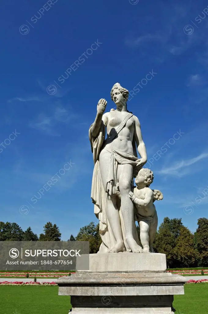 Statue of Aphrodite holding the apple of Paris, Nymphenburg Park, Munich, Bavaria, Germany, Europe