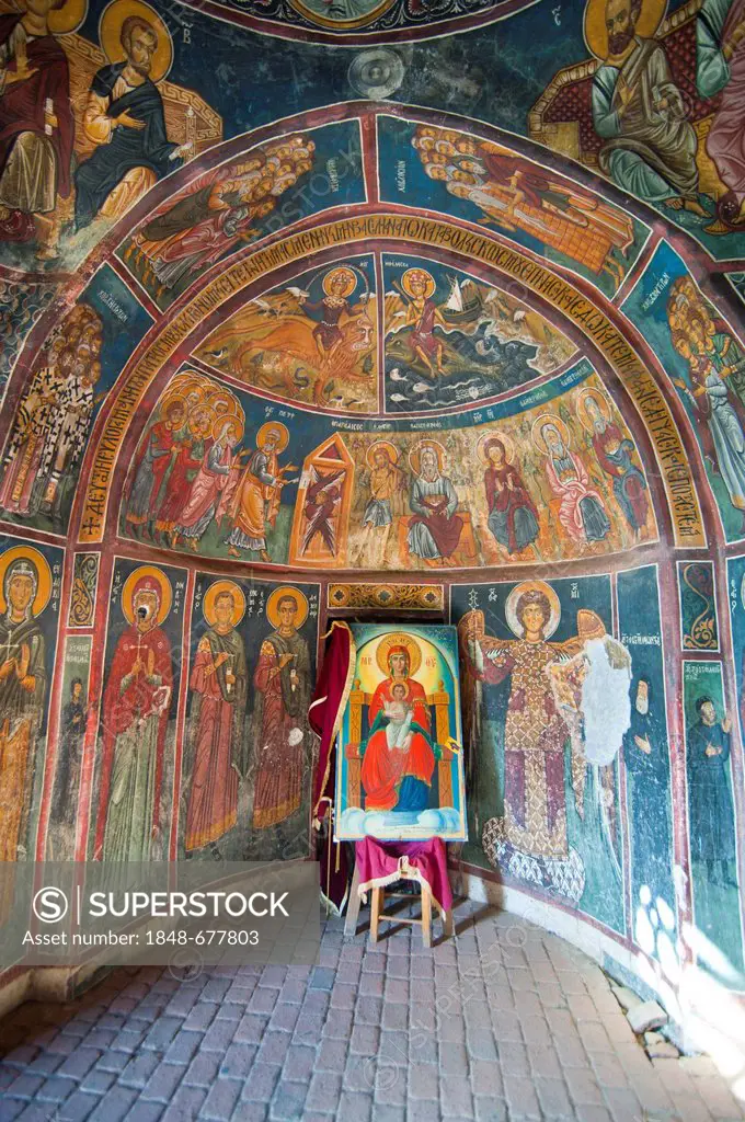 Byzantine frescoes in a painted barn-roofed Greek Orthodox church, UNESCO World Heritage Site, Troodos Mountains, Cyprus