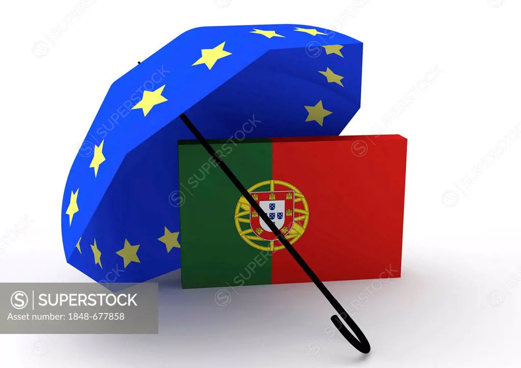 Flag of Portugal under a Euro rescue umbrella, symbolic image, 3D illustration