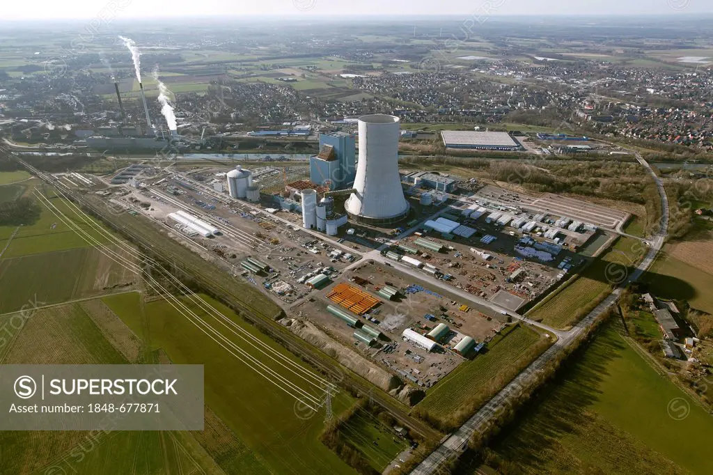 Aerial view, Kohlekraftwerk EON Datteln 4 coal power plant, on the Dortmund-Ems Canal, building freeze, Castrop-Rauxel, Ruhrgebiet region, North Rhine...