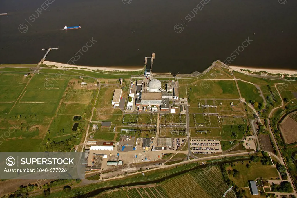 Aerial view, Stade Nuclear Power Plant, KKS nuclear power station, Lower Saxony, Germany, Europe