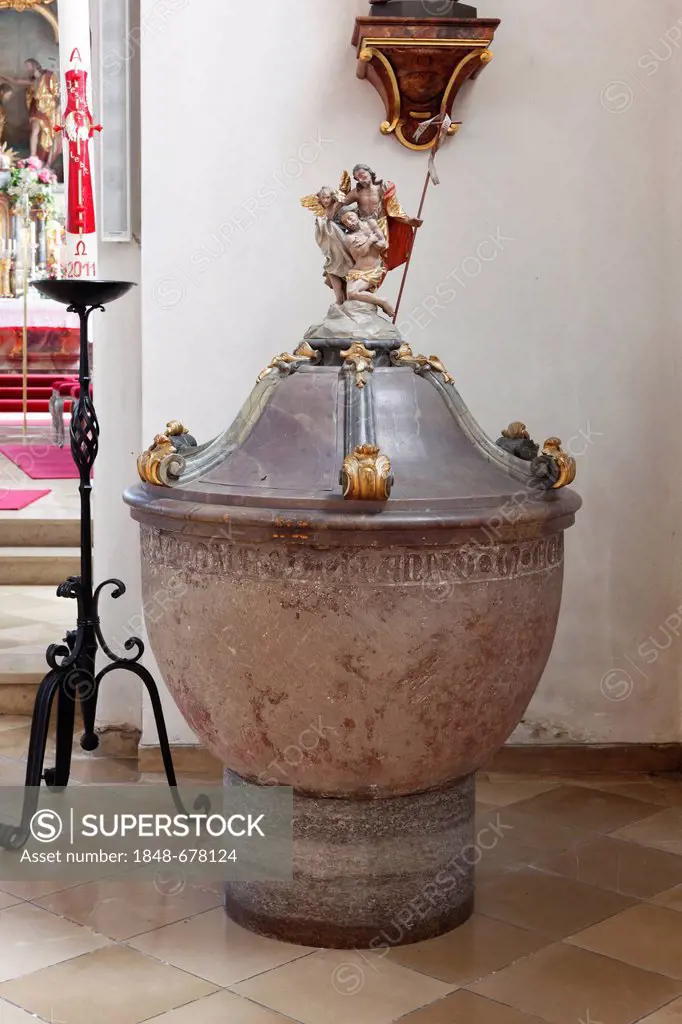 Baptismal font, Church of St. John the Baptist, Peissenberg, Pfaffenwinkel, Upper Bavaria, Bavaria, Germany, Europe