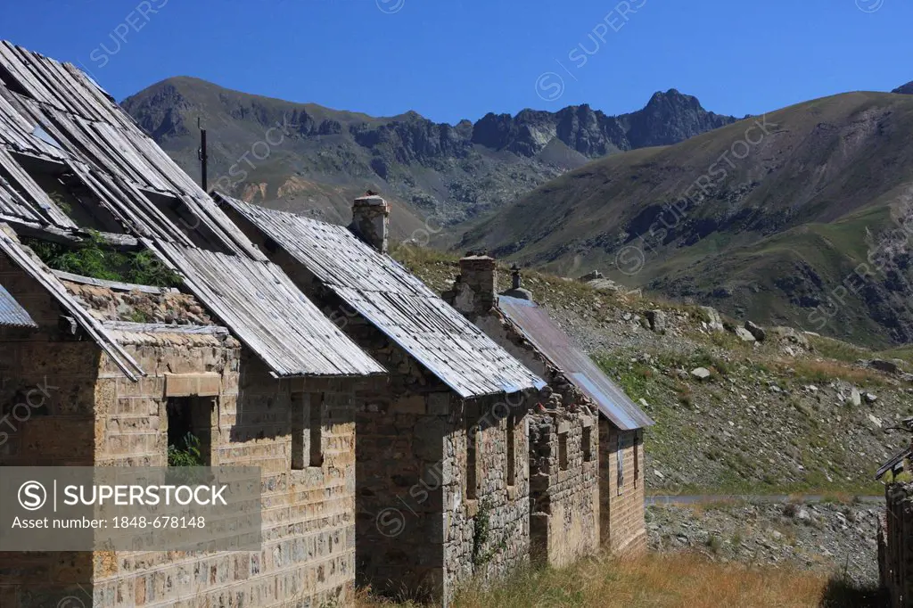 Camp of Fourches, ruins of military barracks on the road to the Col de la Bonette mountain pass, highest paved road in Europe, Alpes-Maritimes departm...