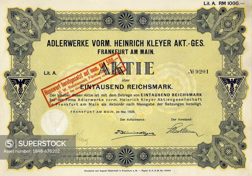 Historic share certificate, 1000 reichsmarks, Adlerwerke vormals Heinrich Kleyer Aktien-Gesellschaft, Frankfurt am Main, a former car company and mech...