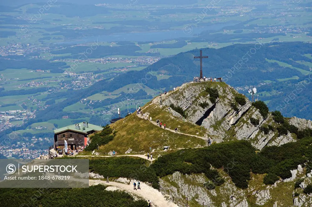 Untersberg, Geiereck and Hochalm mountain pasture as seen from Salzburger Hochthron mountain, Groedig, Salzburg, Austria, Europe
