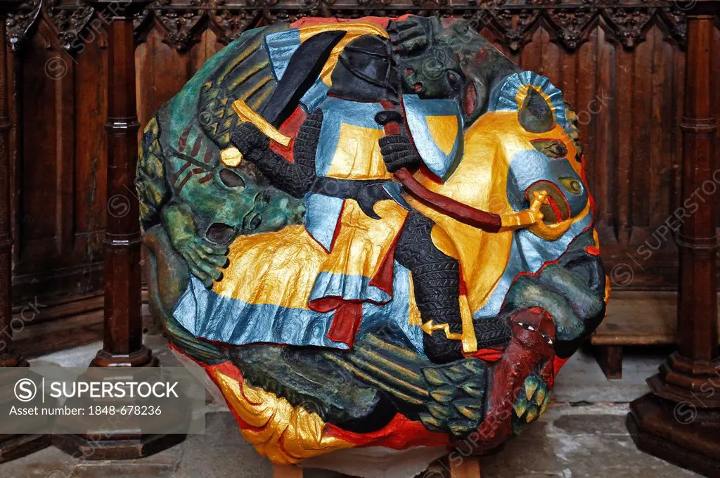 Replica of the largest cope stone of 1300, approximately two tons of weight, Exeter Cathedral, image of Saint George fighting the dragon, Exeter, Devo...