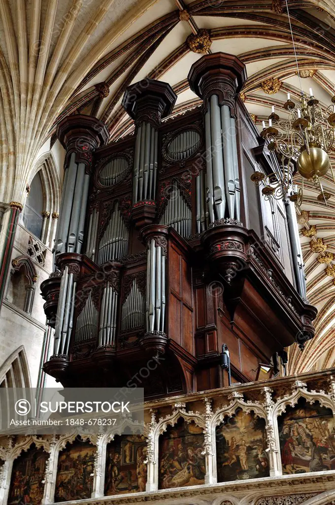 Organ built in 1665, Exeter Cathedral, 13th century, Exeter, Devon, England, United Kingdom, Europe