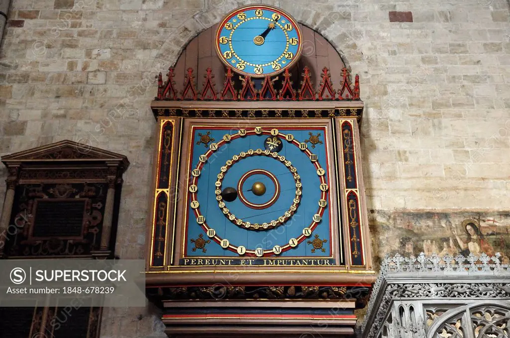 Exeter Clock, 1484, in the Gothic cathedral built in the 13th century, Exeter Cathedral, Exeter, Devon, England, United Kingdom, Europe