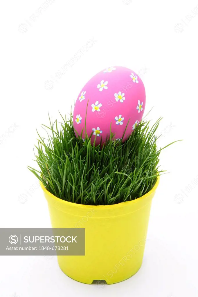 Pink Easter egg with a floral pattern on grass in a flower pot
