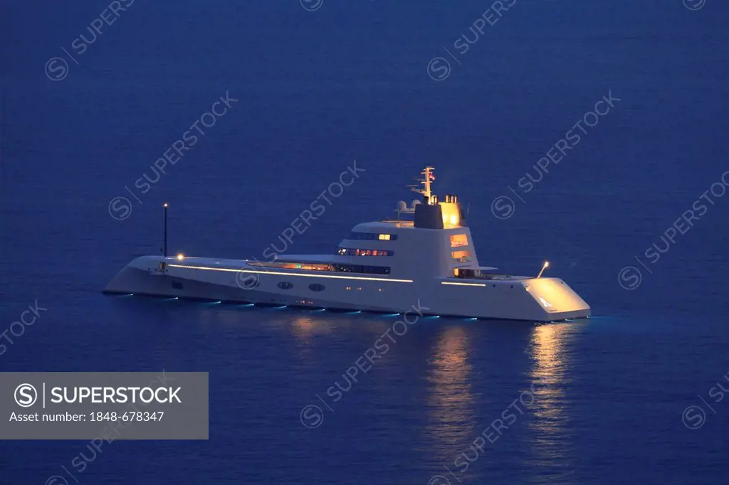 Motor Yacht A, built by shipyard Blohm + Voss GmbH in 2008, length 119 metres, owned by Andrey Melnichenko, on the Côte d'Azur, France, Mediterranean,...