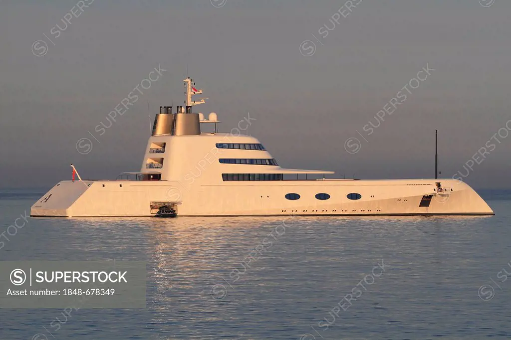 Motor Yacht A, built by shipyard Blohm + Voss GmbH in 2008, length 119 metres, owned by Andrey Melnichenko, on the Côte d'Azur, France, Mediterranean,...