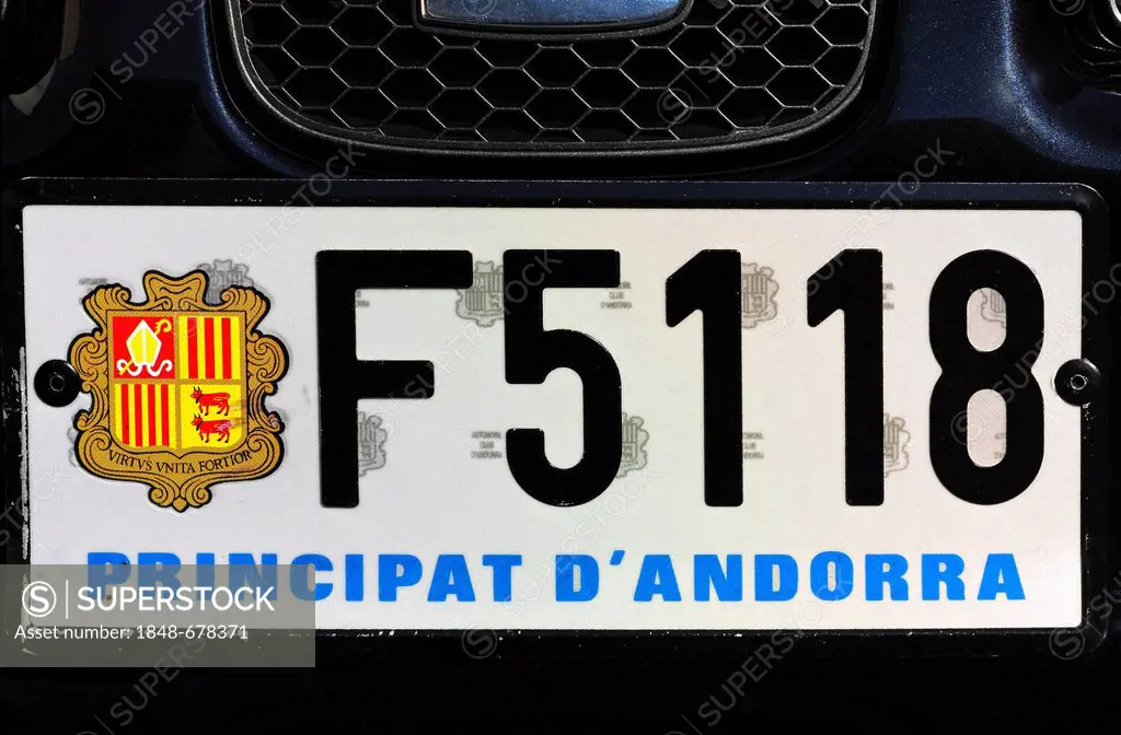Car license plate with the coat of arms of Andorra, Andorra La Vella, Andorra, Europe
