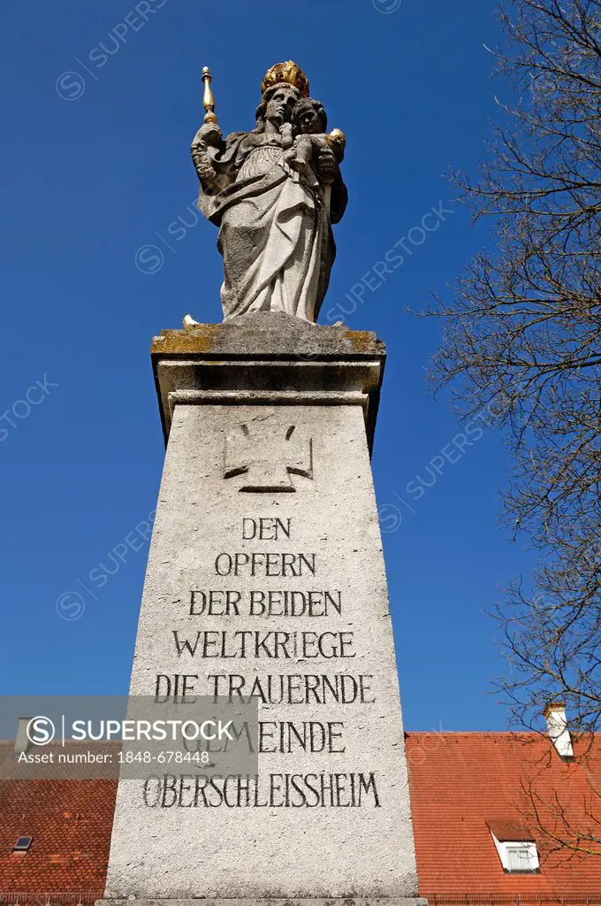 Statue of the virgin Mary on a war memorial dedicated to both world wars against a blue sky, Maximilianshof courtyard, Old Schleissheim Palace, 1617 -...