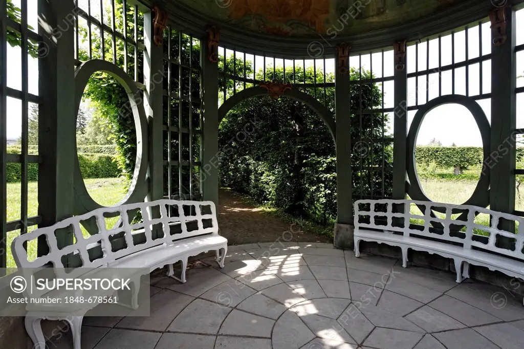 Historic pavilion with benches and oval-shaped windows, Rococo Gardens, Schloss Veitshoechheim Castle, Lower Franconia, Bavaria, Germany, Europe