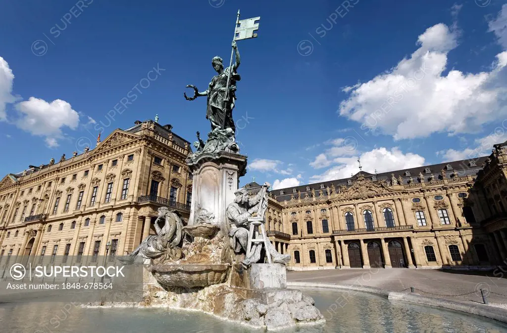 Wuerzburg Residence, main facade with Frankonia fountain, Upper Franconia, Bavaria, Germany, Europe