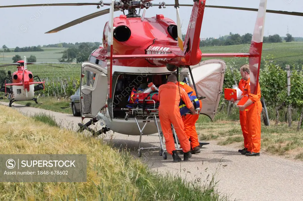 DRF rescue helicopter during a rescue operation, a rock climber is loaded into the helicopter after an accident, Hessigheim, Baden-Wuerttemberg, Germa...