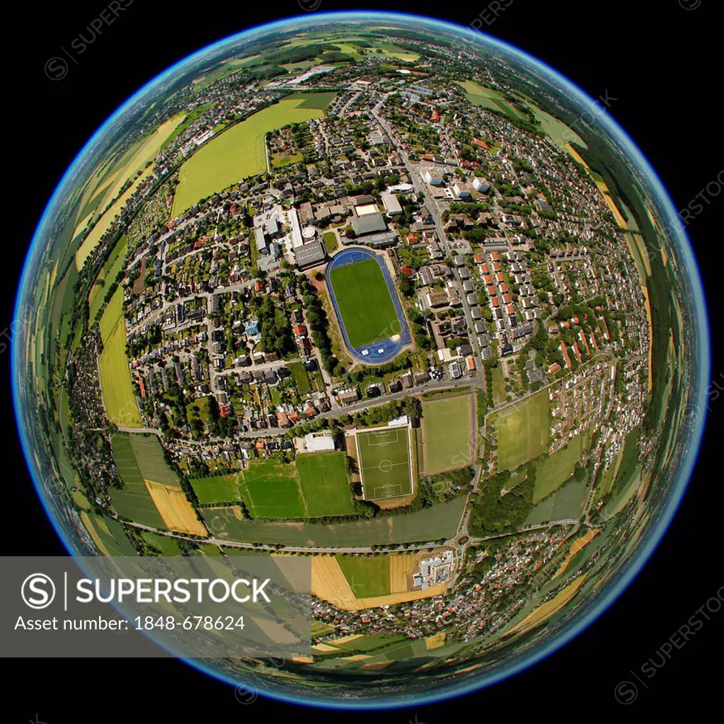 Aerial view, fisheye shot, sports school, Kamen, Ruhrgebiet region, North Rhine-Westphalia, Germany, Europe