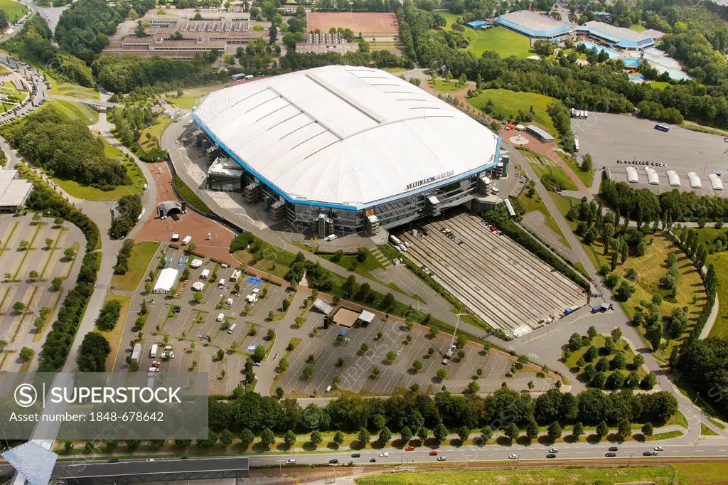 Aerial view, Schalke Arena, S04, football stadium, Gelsenkirchen, Ruhr Area, North Rhine-Westphalia, Germany, Europe