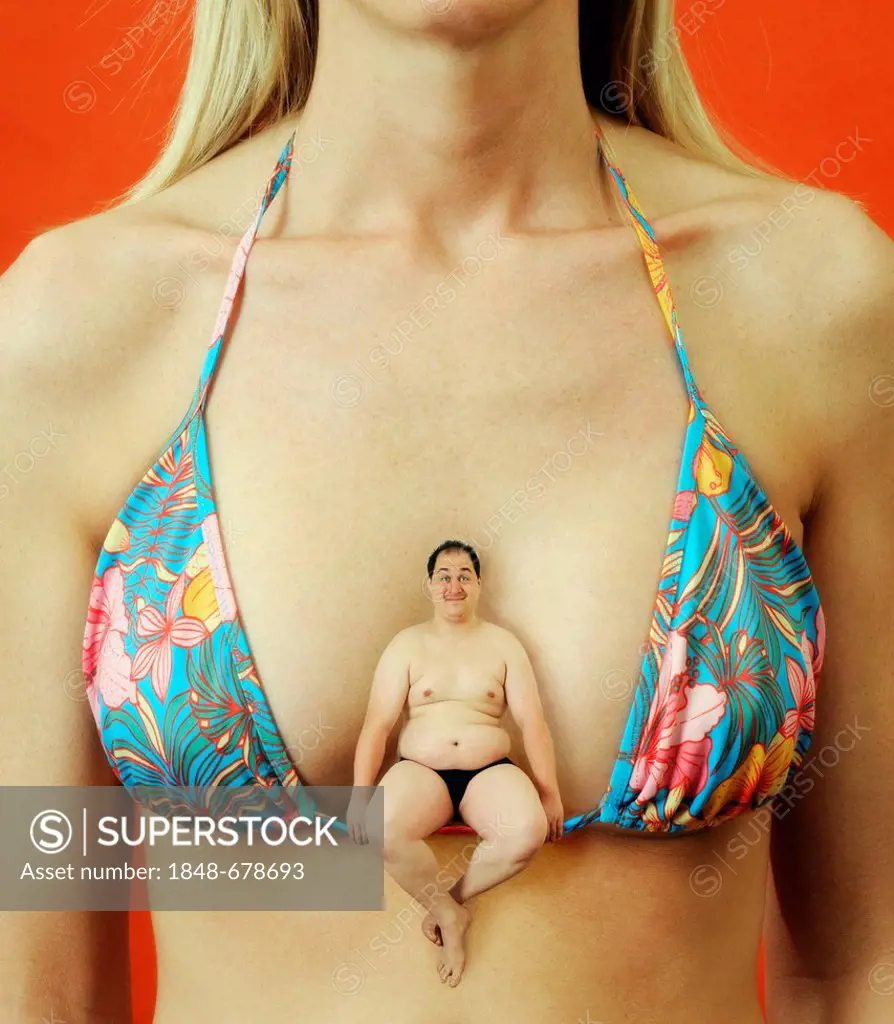 Tiny fat man sitting on a woman's bikini top