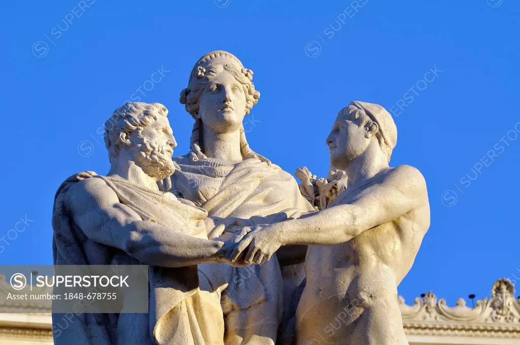 Three statues, detail view of the National Monument Vittorio Emanuele II, Rome, Lazio, Italy, Europe