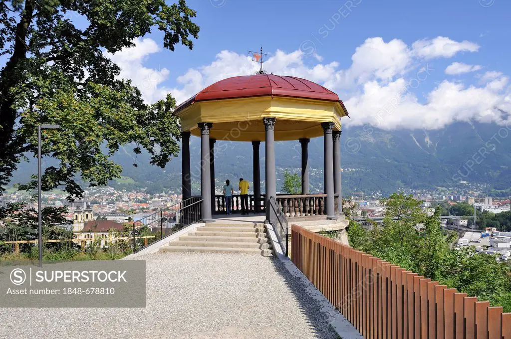 Viewpoint next to the Tiroler Kaiserjaegermuseum Bergisel museum, above the city of Innsbruck, Tyrol, Austria, Europe