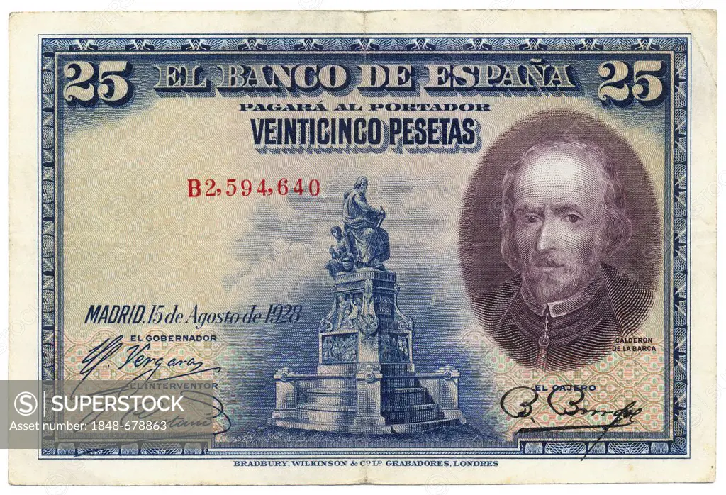 Historic banknote, 25 pesetas, image of the Spanish poet Pedro Calderón de la Barca y Barreda González de Henao Ruiz de Blasco y Riaño, Spain, 1928