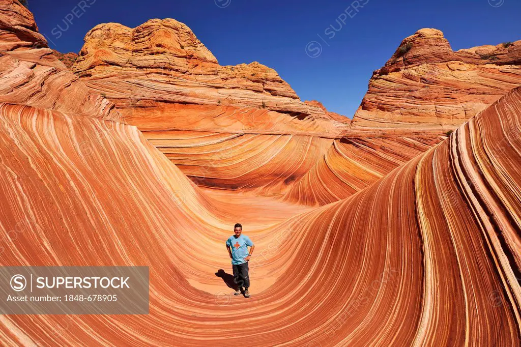Tourist in The Wave, banded eroded Navajo sandstone rocks with Liesegang Bands, Liesegangen Rings, or Liesegang Rings, North Coyote Buttes, Paria Cany...