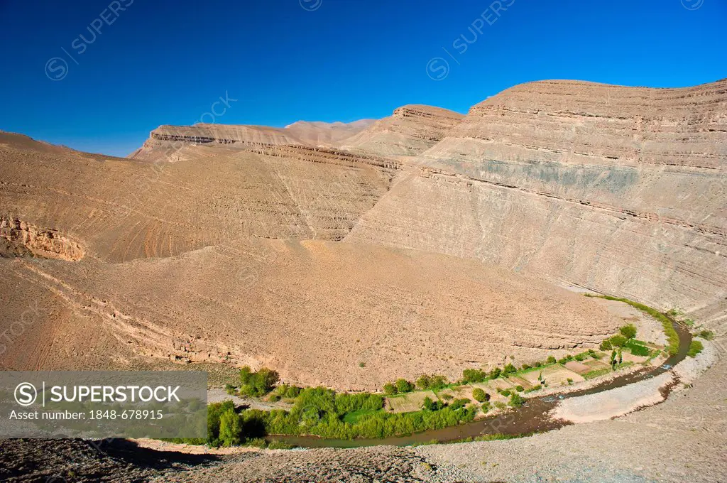 Canyon-like valley of the Dades river, Dadès Gorges gorge, Berbers cultivating small fields on the river, Dades Valley, High Atlas mountain range, Mor...