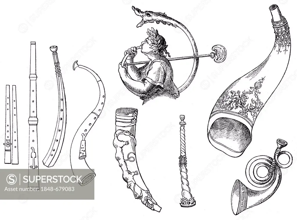 Historical drawing, various forms of old brass instruments, zinc, horn, buffalo horn, bucina or buccina, bugle of the Roman Empire