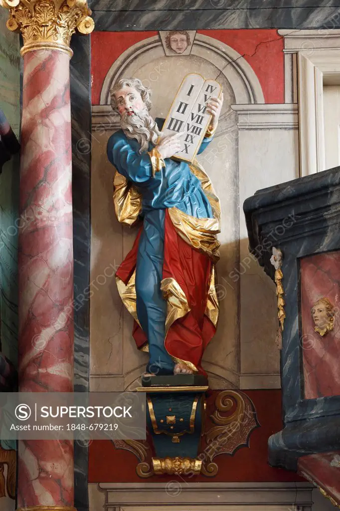 Moses statue, castle church of St. Bartholomaeus, Egloffstein, Franconian Switzerland, Upper Franconia, Franconia, Bavaria, Germany, Europe