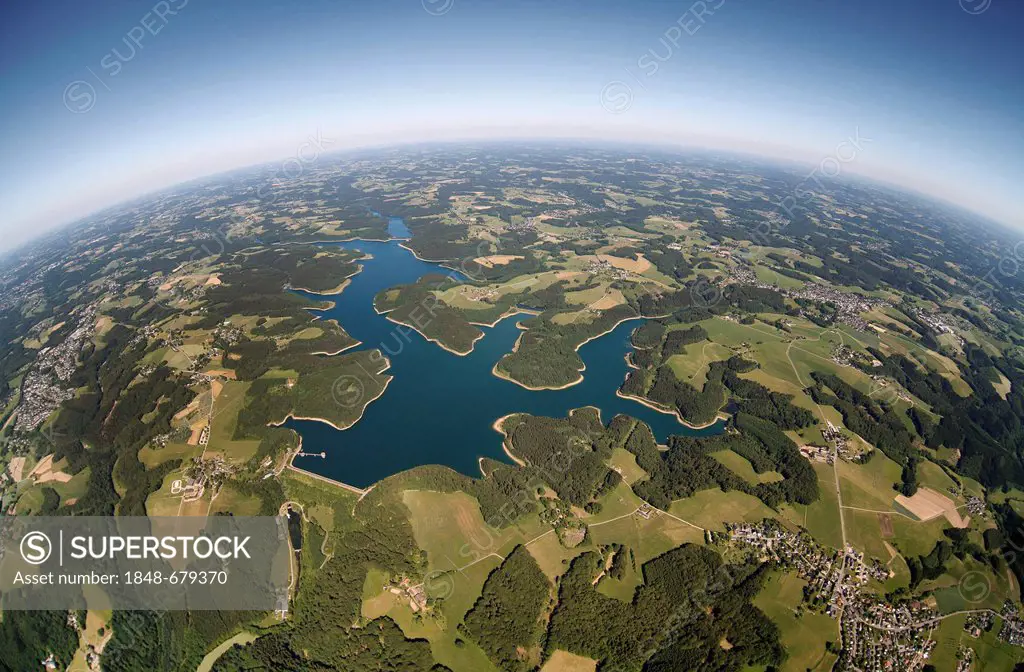 Aerial view, Grosse Dhuenntalsperre dam, drinking water reservoir, Bergisches Land region, North Rhine-Westphalia, Germany, Europe