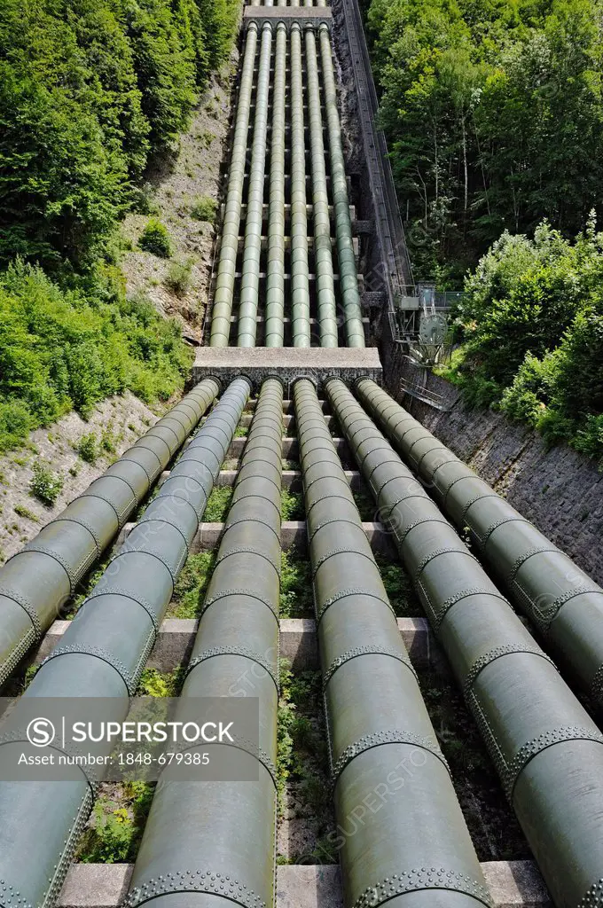 Metal pipes at the Walchenseekraftwerk Hydroelectric Power Station, Kochel am See, Bavaria, Germany, Europe