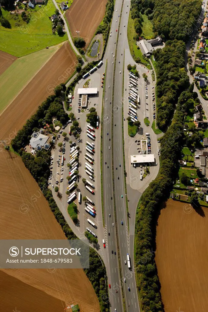Aerial view, Autobahnraststaette Lichtendorf, south and north highway rest stops, truck parking, A1 motorway, Schwerte, Ruhr Area, North Rhine-Westpha...