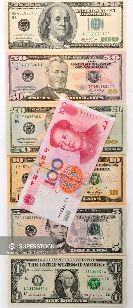 Symbolic image for exchange rates, U.S. dollar banknotes and a Chinese yuan, renminbi, currency of the People's Republic of China, in the West Yuán, c...