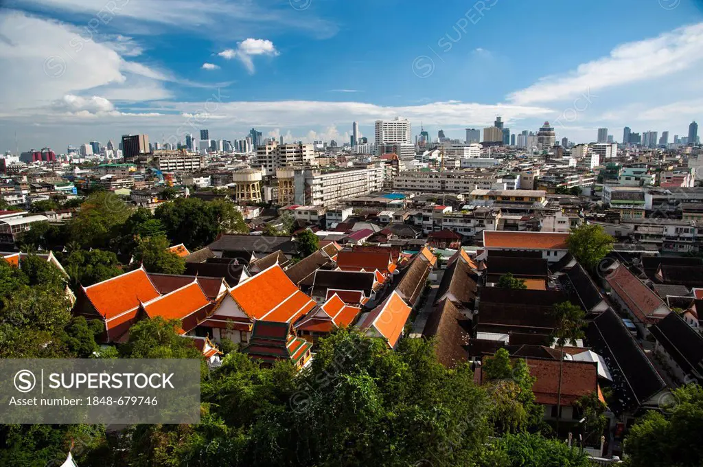 View of Wat Saket and the Bangkok skyline with the Bang Rak financial district, Bangkok, Thailand, Asia