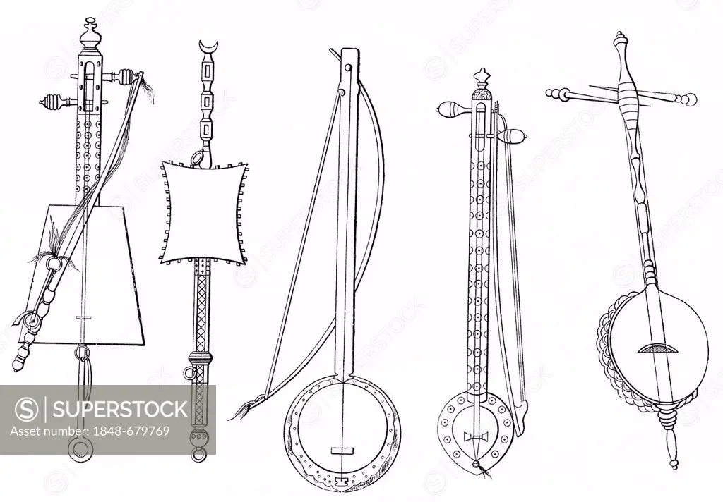 Historical drawing, various forms of old Asian stringed instruments, rababa or rebaba, precursor of stringed instruments such as fiddle and violin