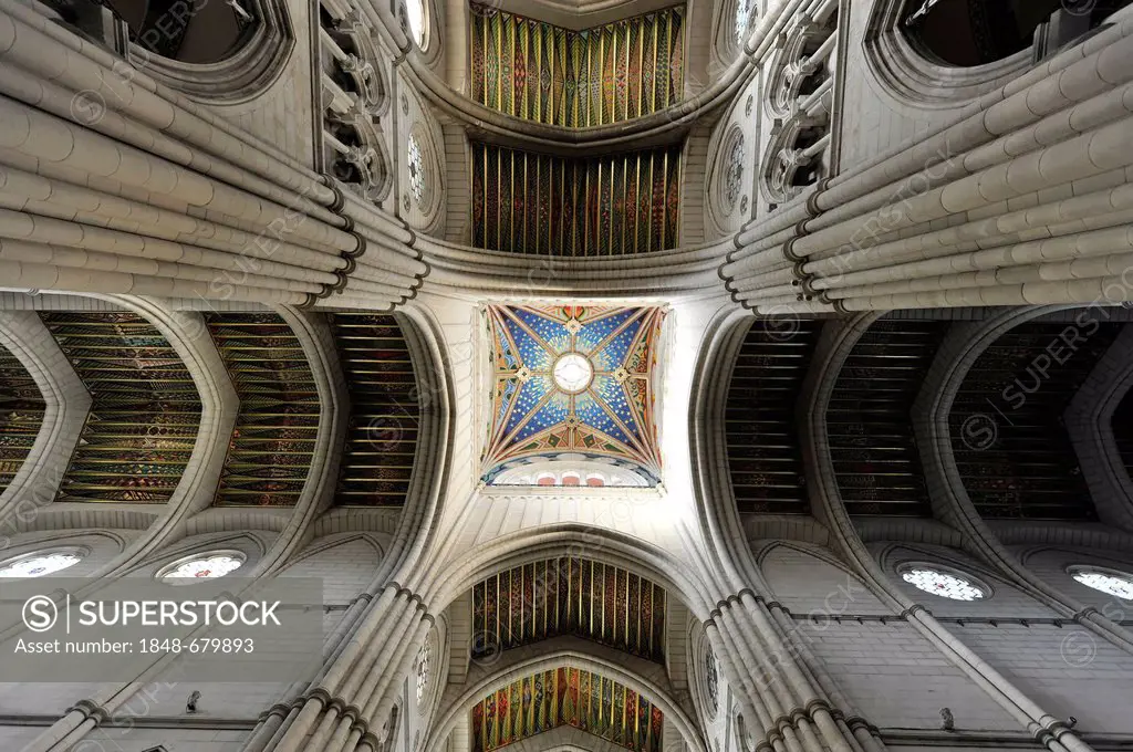 Ceiling view, cathedral Santa María la Real de La Almudena or Almudena Cathedral, Madrid, Spain, Europe
