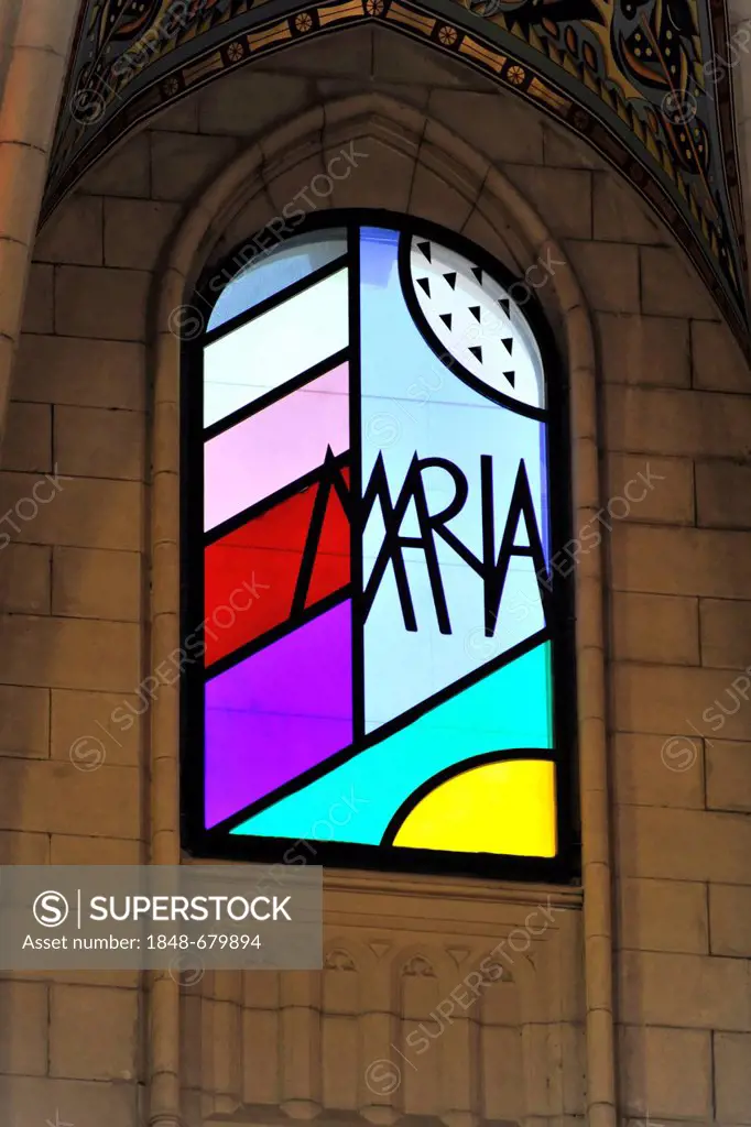 Modern glass window, cathedral Santa María la Real de La Almudena or Almudena Cathedral, Madrid, Spain, Europe