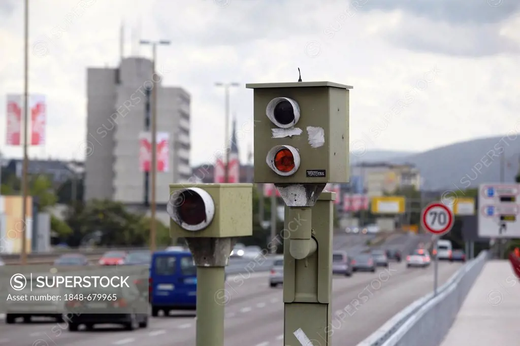 Speed camera on Europabruecke bridge, Koblenz, Rhineland-Palatinate, Germany, Europe