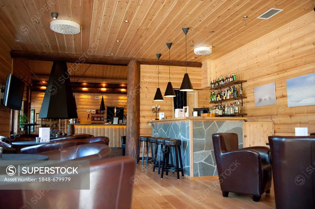 Reception and piano bar with leather armchairs, Storsaetra Fjaellhotell Hotel, near Groevelsjoen, Dalarna province, Sweden, Scandinavia, Northern Euro...