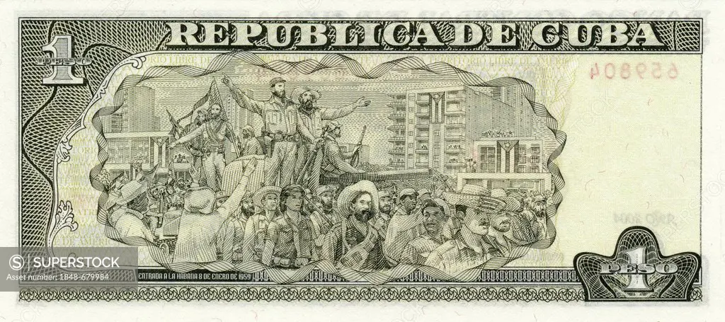 Banknote from Cuba, 2004, back, 1 peso, CUP, Fidel Castro entering Havana with rebel soldiers in 1959
