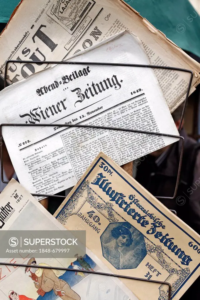 Historical Austrian newspapers for sale, flea market, Naschmarkt market, Wienzeile street, Vienna, Austria, Europe
