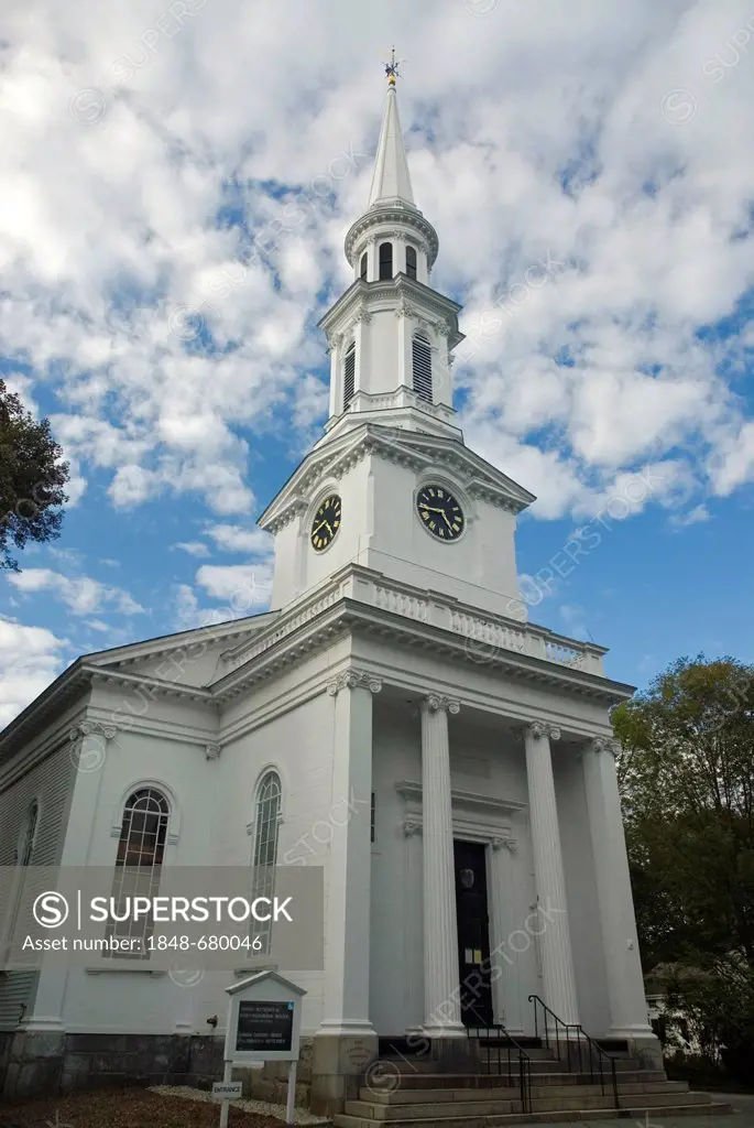 First Parish Church against a white and blue sky, Lexington, Massachusetts, USA