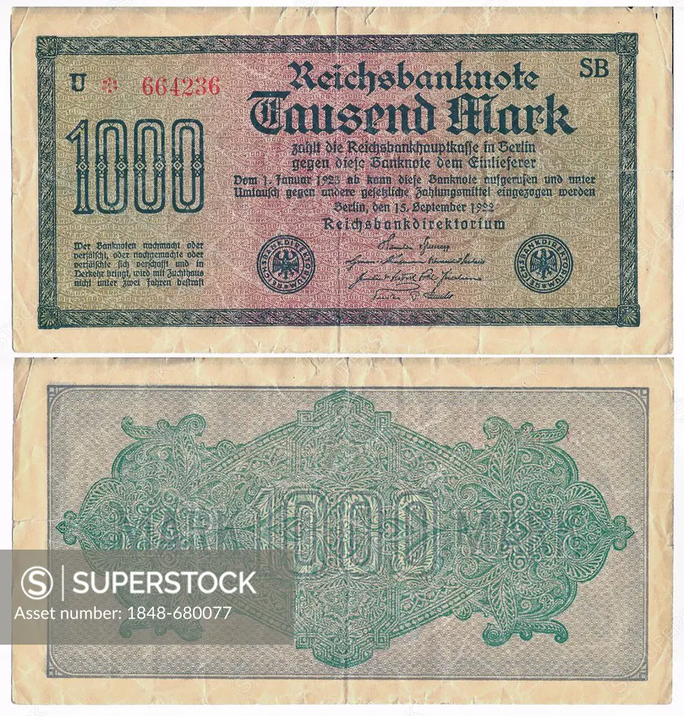 Old banknote, front and rear, Reichsbanknote 1, 000 Mark, Reichsbankdirektorium, circa 1922