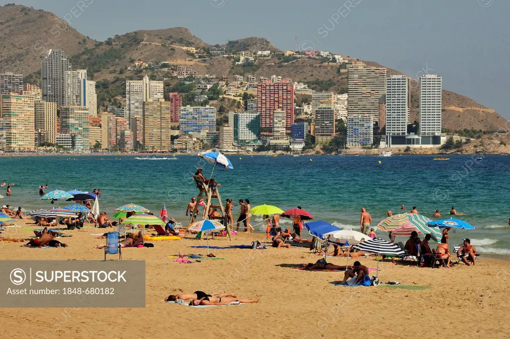 High-rise buildings and bathers on Playa Levante beach, mass tourism, Benidorm, Costa Blanca, Spain, Europe