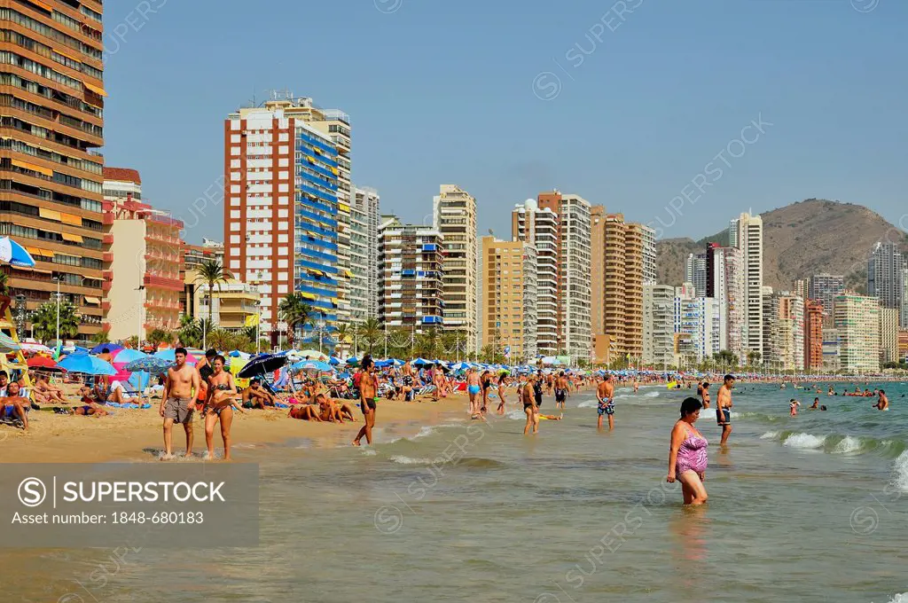 High-rise buildings and bathers on the Playa Levante beach, mass tourism, Benidorm, Costa Blanca, Spain, Europe