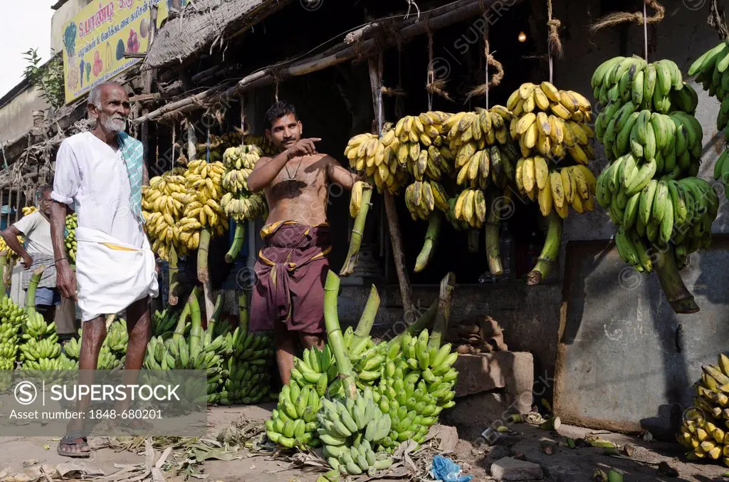 Bananas for sale, wholesale market in the streets of Madurai, Tamil Nadu, India, Asia