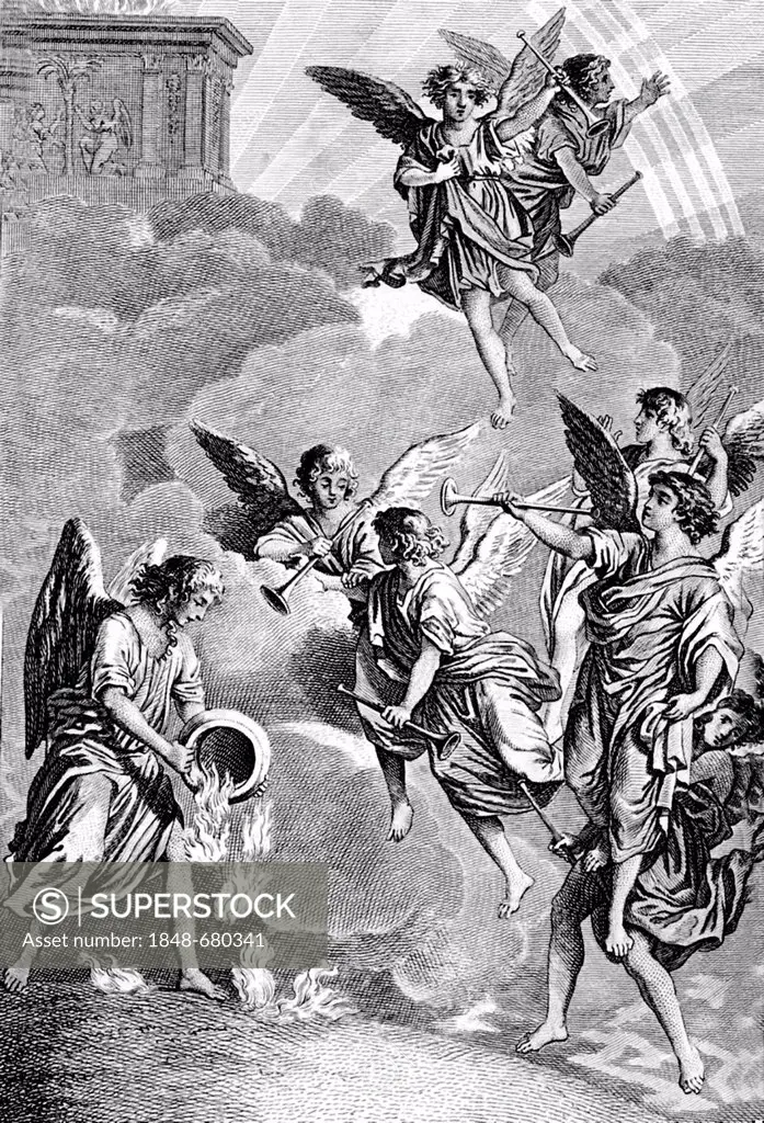 Apocalypse, the seventh seal, biblical scene from Revelations, historical illustration, 1861